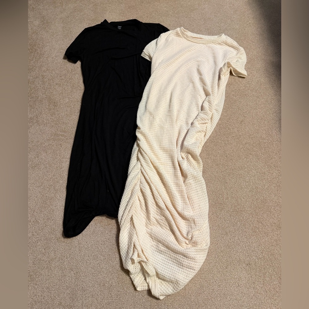 Set of 2 Maternity T-Shirt Dresses Black and Cream Waffle Size L SHEIN